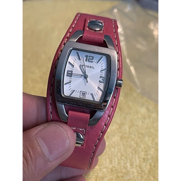 Fossil Women Watch Stainless Steel Pink Wide Leather Nylon Date White (Needs Bat - Picture 4 of 10
